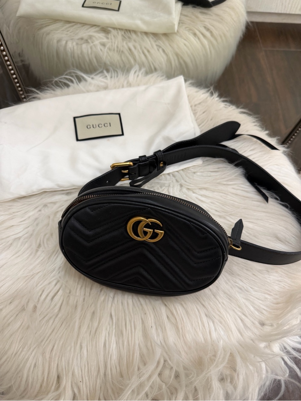 Gucci Black Leather GG Marmont Oval Mini Belt Bag with Gold Hardware